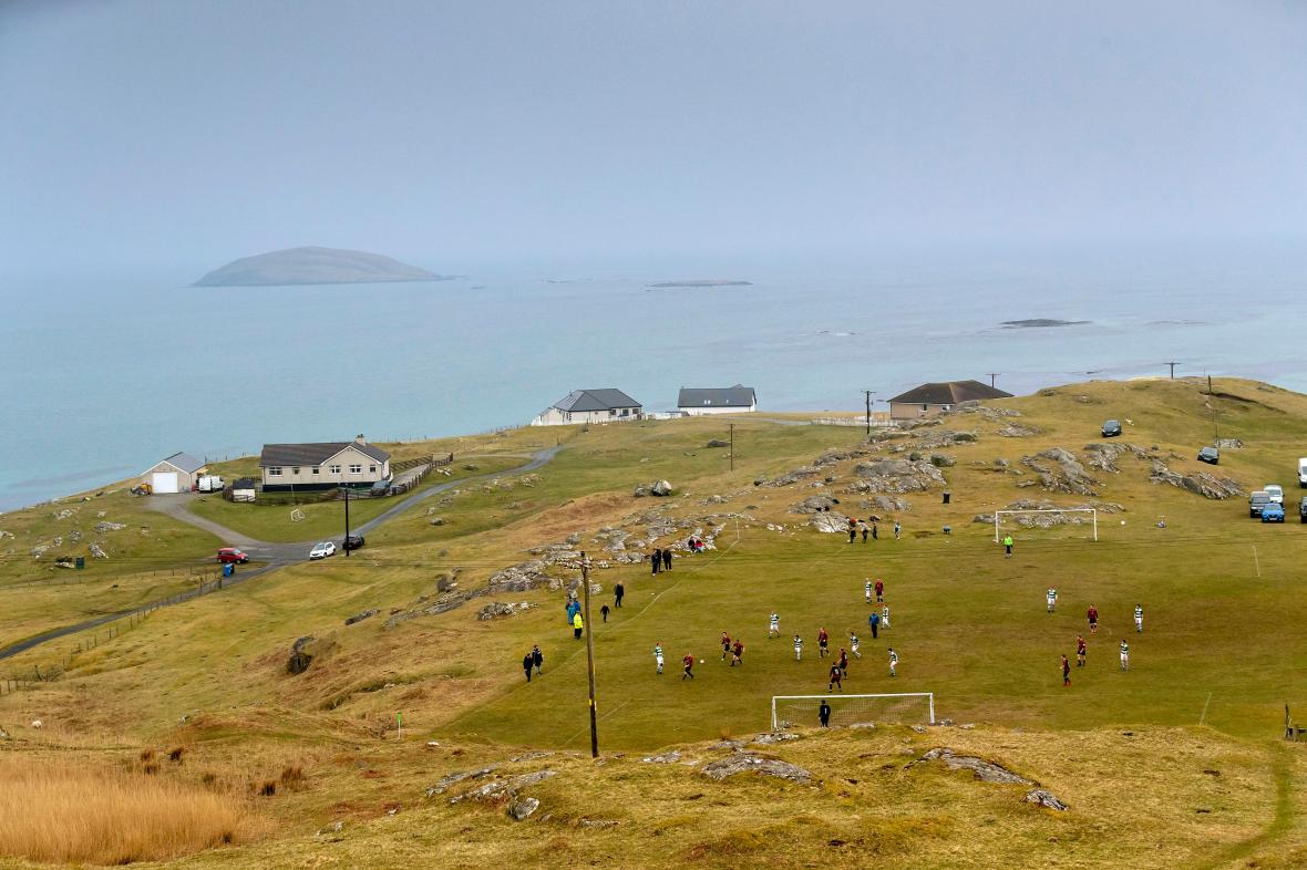 Football Grounds of Scotland: Eriskay Football Pitch, Outer Hebrides. Home of Eriskay FC. Action from Eriskay v Barra in the CalMac Cup, 2019. Pic: James Glossop.