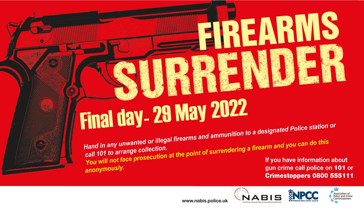 WiltsRuralCrime's tweet image. Time is running out as the National Firearms Surrender ends today -  29 May. Dispose of any unwanted, unlicensed or illegal weapon you have in a safe place to avoid the risk of them being used in criminality.
crowd.in/hhBwz2
#GunSurrender