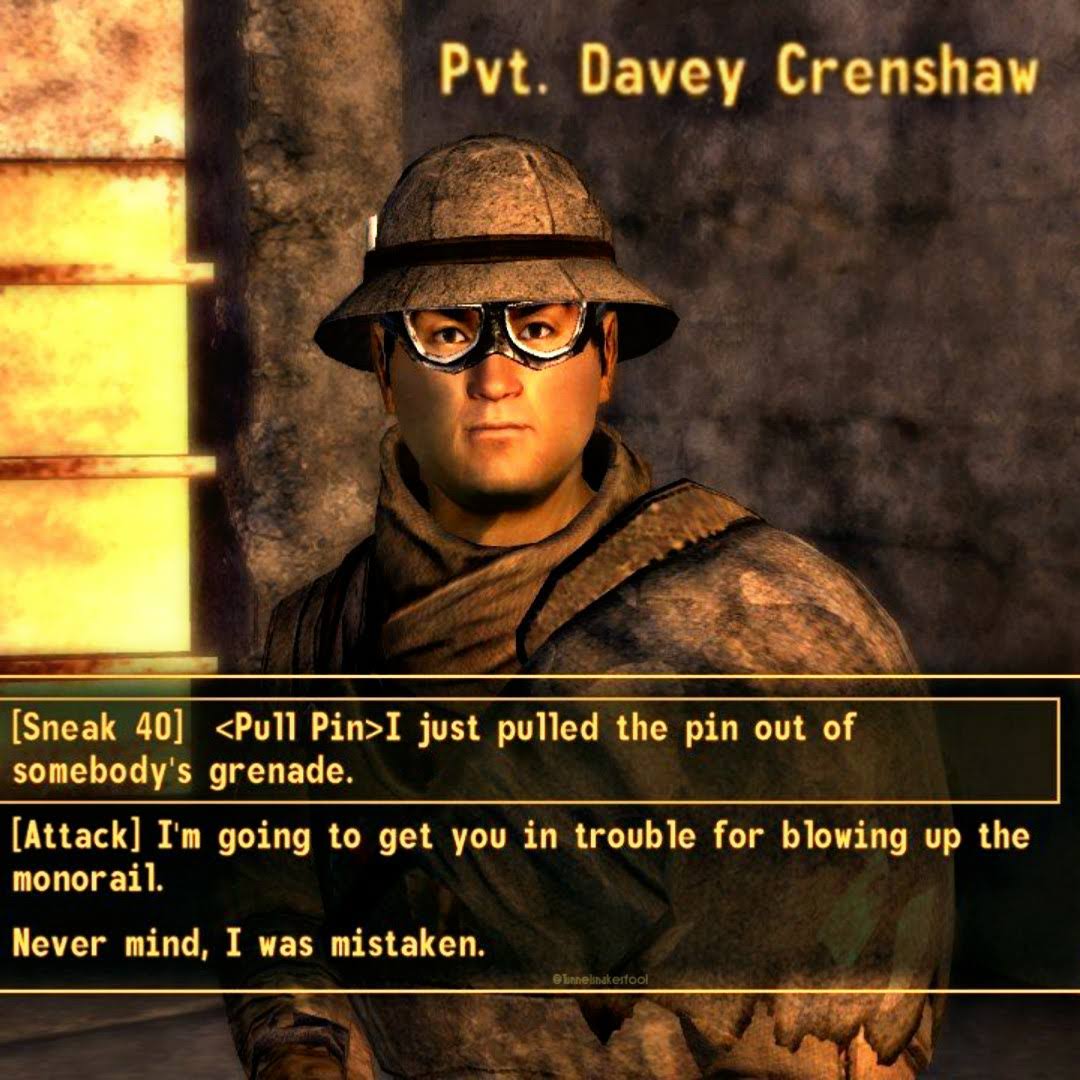 Tunnelsnakefool's tweet photo. Whoops my bad #falloutquote of the day #newvegas #falloutnewvegas #fnv #fonv #falloutnv https://t.co/Scw5QmM9B3