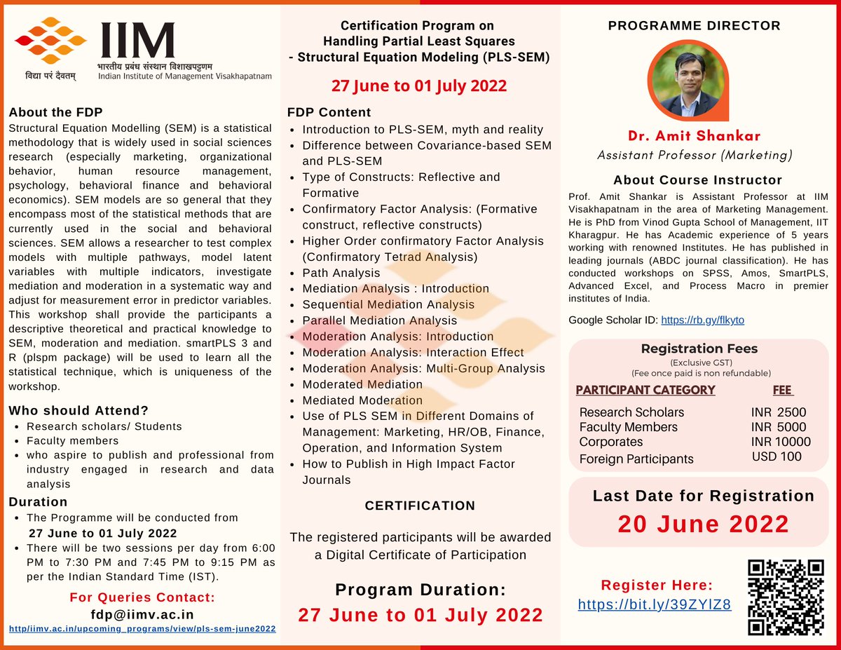 IIM_Vizag's tweet photo. #IIMVisakhapatnam announces #Online #Certification Program in Handling Partial Least Squares-Structural Equation Modelling (#PLS_SEM) from 27 June-1 July 2022. Registration closes on: 20 June 2022
https://t.co/pfvDRXLlPW
#FDP #Training #DataAnalytics #IIMV #TheSunriseIIM https://t.co/1wbof3PWQT