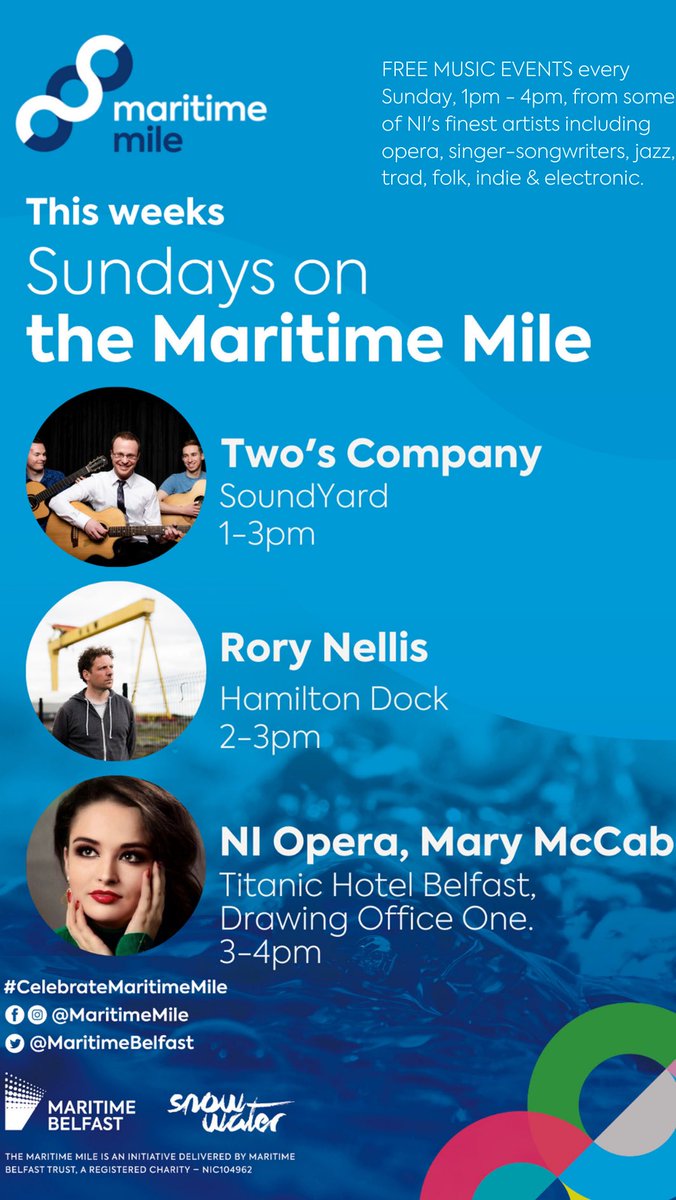 🎤 Call down to the Maritime Mile today &amp; enjoy some of NI’s finest artists!

Catch Two's Company at SoundYard 1-3pm, Rory Nellis on Hamilton Dock 2-3pm &amp; NI Opera's Mary McCabe in Titanic Hotel Belfast, Drawing Office One from 3-4pm.

#CelebrateMaritimeMile
