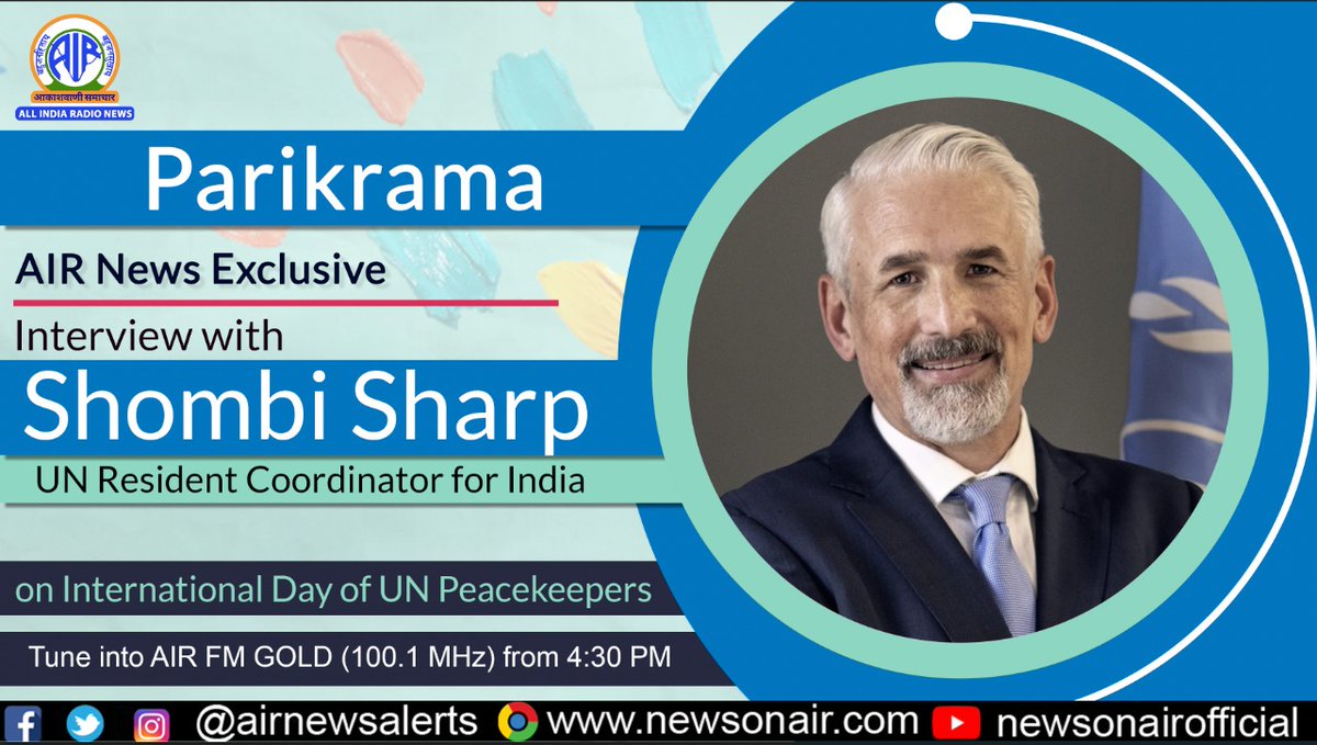 #PeoplePeaceProgress: The Power of Partnerships 🙌🏾    🎙️ Tune in today at 10.30 PM and catch the @airnewsalerts interview with @ShombiSharp #UNRC 🇮🇳 on #PKDay.    🔴LIVE on FM GOLD 📻 and News On AIR📱App     Also on: youtube.com/newsonairofficial