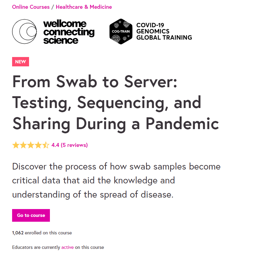 COG_Train's tweet photo. 🥁 The first reviews are out! 🥳
We have received 4.4/5 🌟🤩
Thanks to all the participants 🤗
#SwabToServer
You can still join the course here
👉https://t.co/5dxLtHaeFz https://t.co/fk2gVLtT5V