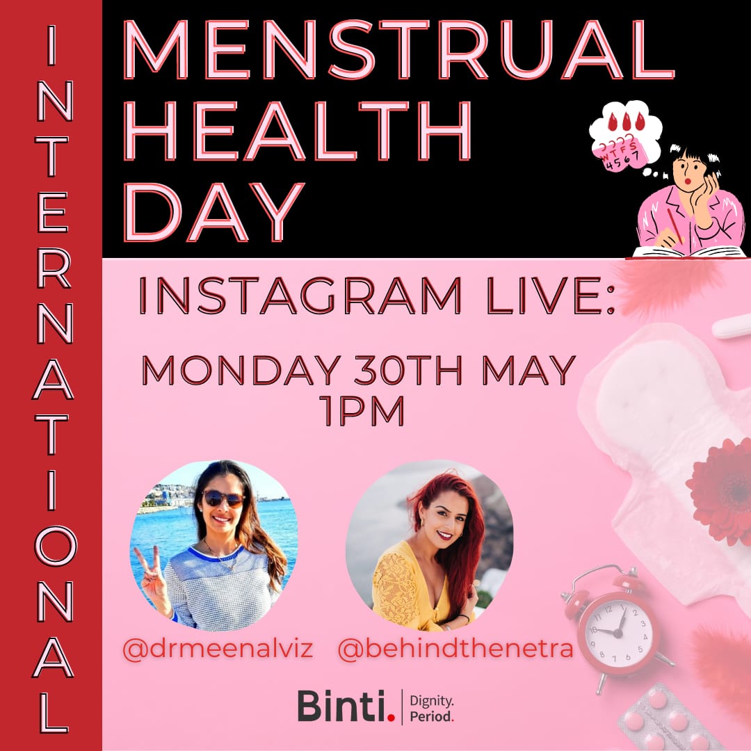 behindthenetra's tweet photo. Join myself and NHS doctor, podcaster and campaigner @drmeenalviz as we celebrate #MenstrualHealthDay with @BintiPeriod 🌹

Chatting about everything from #smashingshame, medical research, desexualising #menstruation and #periods in politics! 

Join us on IG TOMORROW 1pm 🎉 https://t.co/djKQMqsa8B