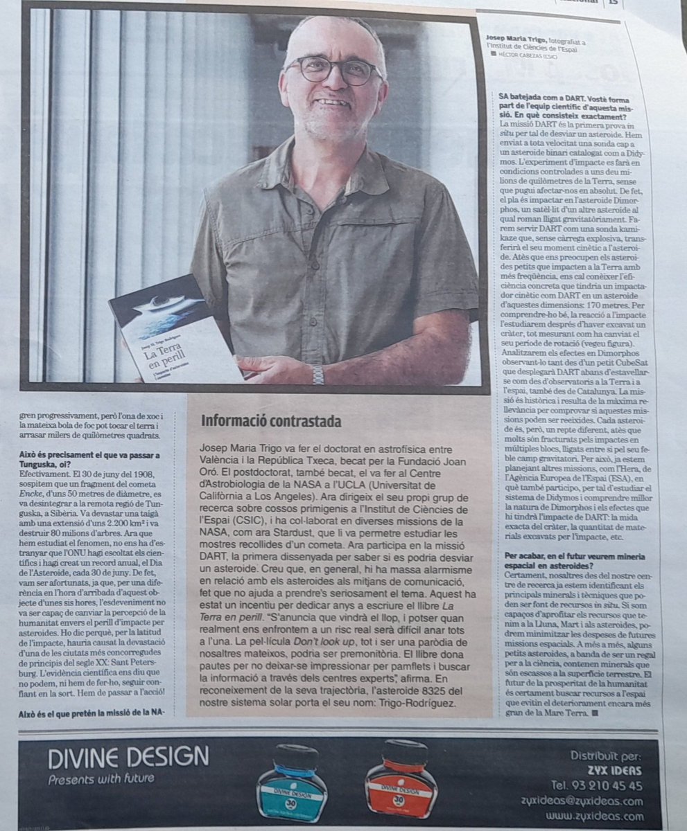 AVUI <a href="/elpuntavui/">El Punt Avui 🎗️</a> M'ENTREVISTA a doble plana: "El perill dels asteroides no s'ha de menystenir"
Desitjo que us agradi, us explico el primer test per desviar asteroides amb la #DARTmission
<a href="/asrivkin/">Andy Rivkin @asrivkin.bsky.social</a>
<a href="/astroamics/">AstroAmics</a> <a href="/astro_girona/">AstroGirona</a>
<a href="/astrocatinfo/">Aleix Roig</a> <a href="/CosmosMataro/">Cosmos Mataró</a> <a href="/asterbarcelona/">ASTER-Barcelona</a> <a href="/ASTROAVA/">Asociación Valenciana de Astronomía 😷🔭</a>