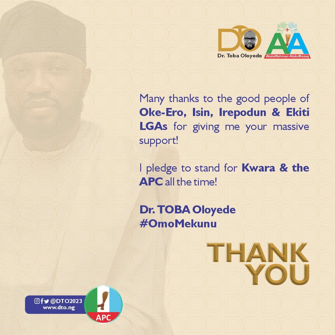 dtofoundation's tweet photo. Many thanks to the good people of  oke-Ero, isin, irepodun and Ekiti LGAs for giving me your massive support!

I pledge to stand for Kwara and the APC all the time!

Dr. TOBA Oloyede
#OmoMekunnu https://t.co/vWgCnJD0xy