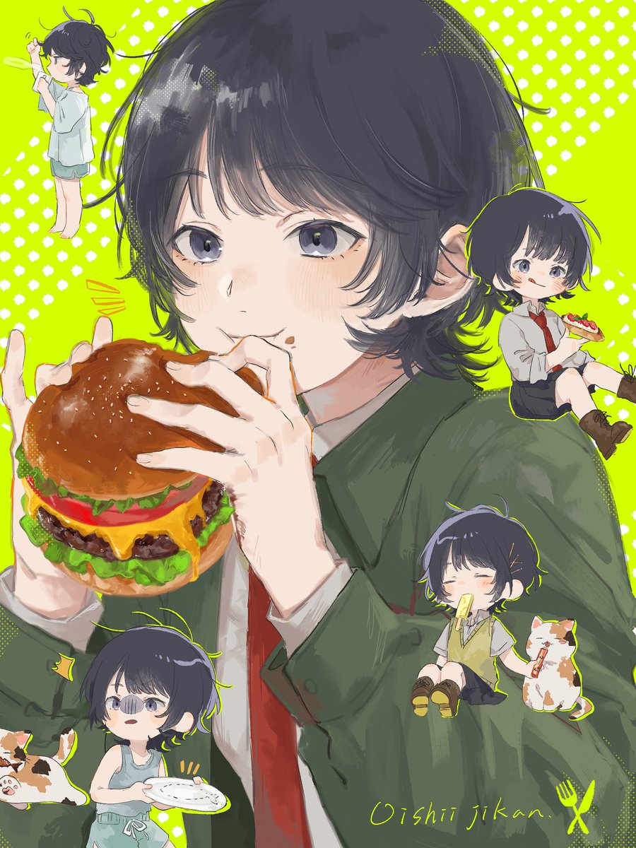 food eating burger black hair cat necktie holding food  illustration images