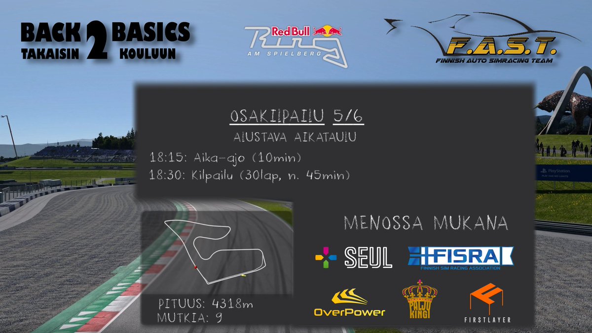 Fast_Simracing's tweet image. Ennen kun #Leijonat päästetään irti kannattaa virittäytyä kanavallemme katsomaan kun kuljettajat lähtevät taltuttamaan Spielbergin härkää.
Live 18:00, studiossa tuttuun tapaan @fast_markusvii 
youtube.com/FinnishAutoSim…

#GT7 
#PlayStationSuomi

@SEULry 
@simracingfi 
@OPGG_FI