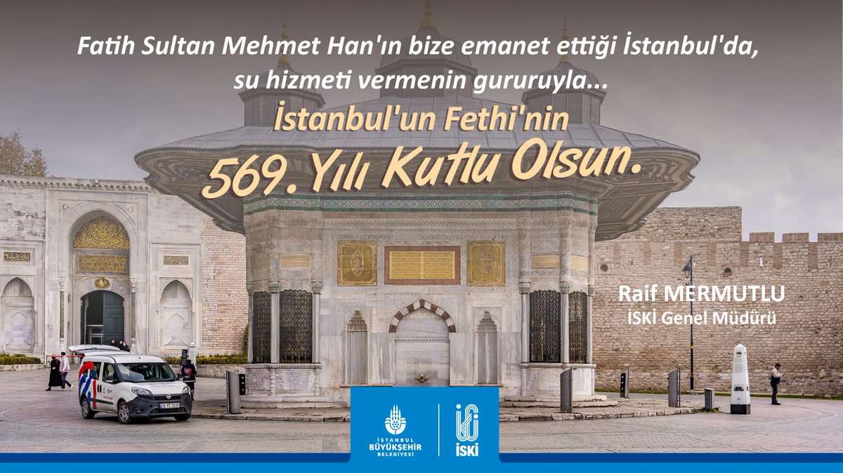 Fatih Sultan Mehmet Han'ın bize emanet ettiği İstanbul'da, su hizmeti vermenin gururuyla...
İstanbul'un Fethi'nin 569. Yılı Kutlu Olsun.