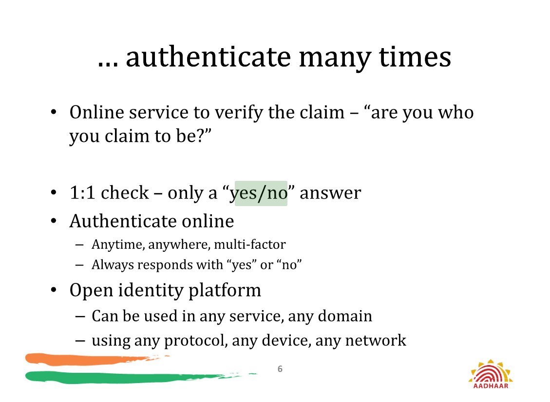  @pramodkvarma (Chief Architect, Aadhaar) 's presentation in 2010 at IITB claimed Aadhaar will only have "YES/NO" response. https://www.cse.iitb.ac.in/~comad/2010/pdf/Industry%20Sessions/UID_Pramod_Varma.pdf