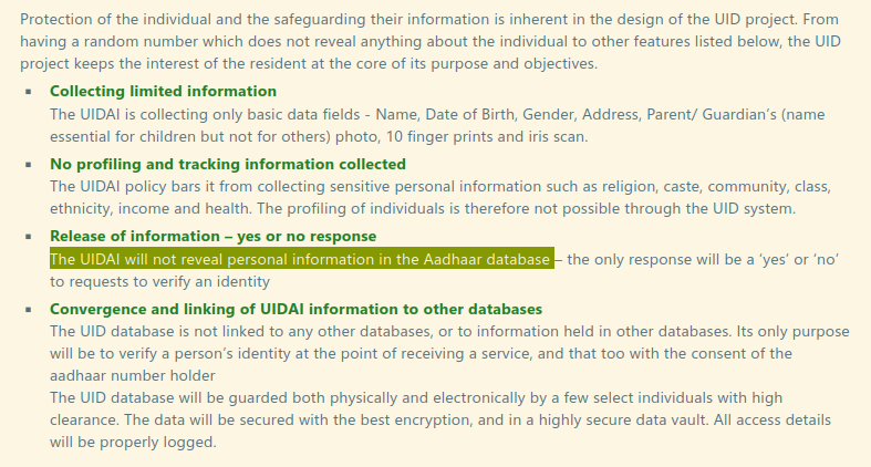 This lie continues to be repeated by  @UIDAI on their official website: https://uidai.gov.in/289-faqs/your-aadhaar/protection-of-individual-information-in-uidai-system/1942-what-are-the-privacy-protections-in-place-to-protect-the-right-to-privacy-of-the-resident.html