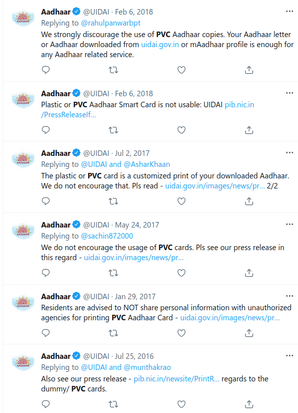 (Twitter deleted the rest of my tweets, so re-typing)Common security guidelines include things like holograms, watermarks (costly to forge). UIDAI decided against these by saying no to PVC cards.