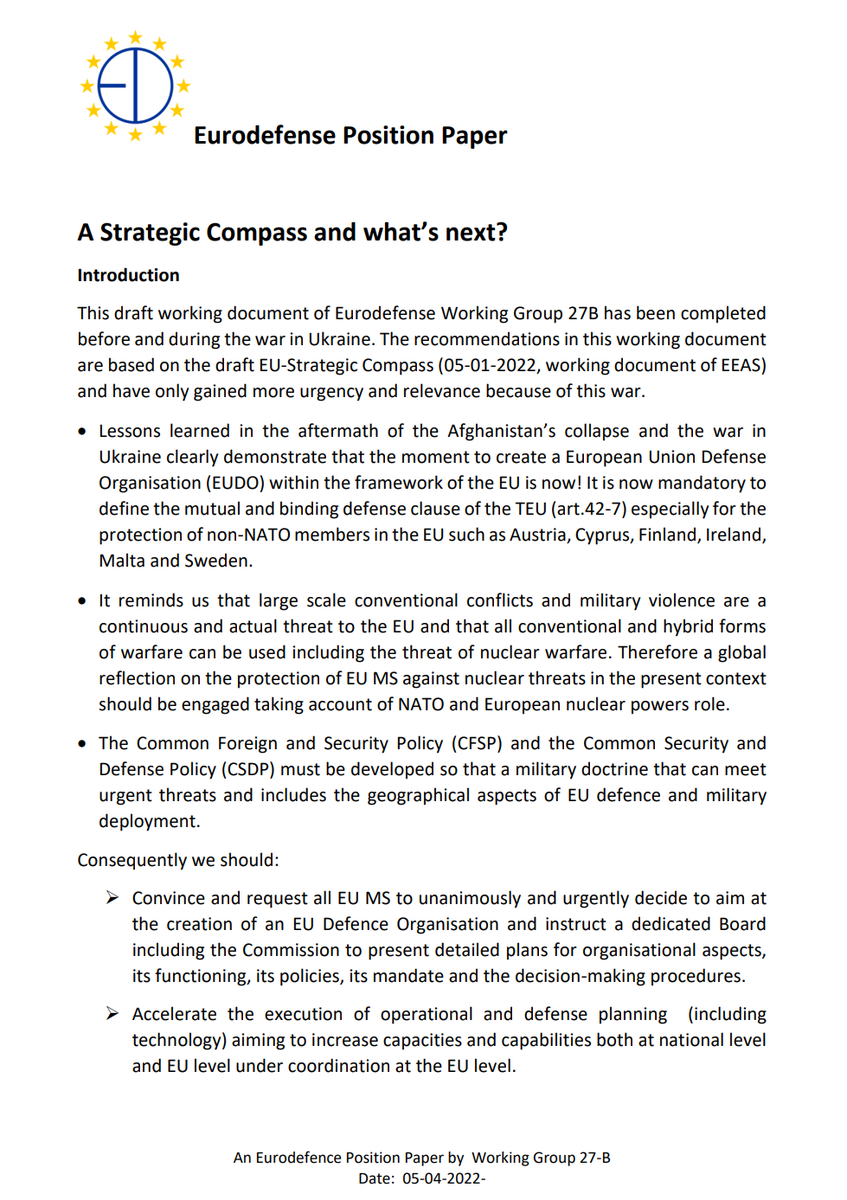 EURODEFENSE Working Group 27-B has submitted a position paper to EU institutions 🇪🇺 containing recommendations on the Strategic Compass. 

Read what experts from 10 EuroDefense chapters have to say on the future of EU defense and security. 

Available on: linkedin.com/feed/update/ur…