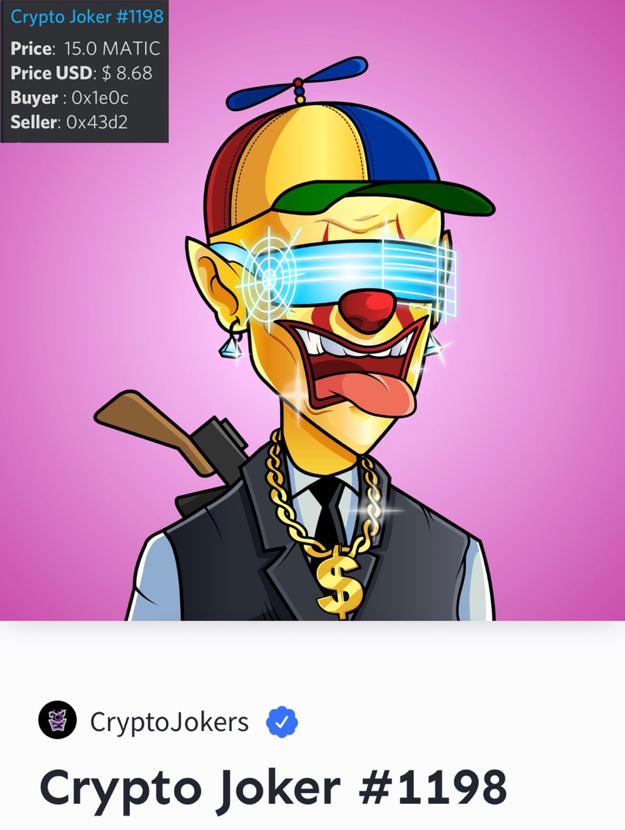 Crypto Joker #1198 resold at 15 MATIC 🔥🔥🔥

Grab your jokers here 👇

<a href="/tofuNFT/">tofuNFT📛The largest multichain NFT marketplace</a>:
tofunft.com/collection/cry…

<a href="/opensea/">OpenSea</a>:
opensea.io/collection/cry…

Stake your jokers here 👇

joyful-pie-b277bc.netlify.app

#NFTs #staking #polygon #openseanfts #TofuNFT #NFTCommunity #matic