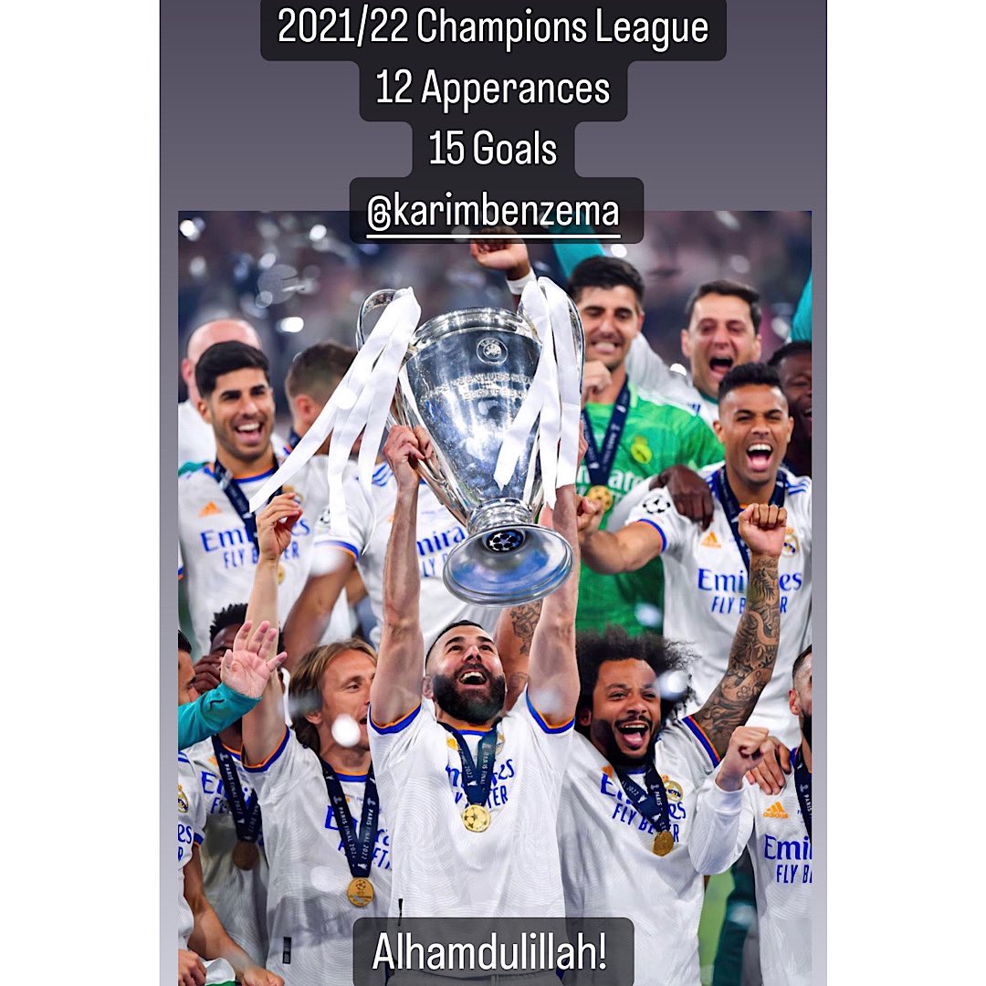 MuslimFootballr's tweet photo. Alhamdulillah! Congratulations to the brother @Benzema on winning his 5th Champions League🤯 

#Alhamdulillah #muslimsfootballers #Congratulations Real Madrid #benzama https://t.co/UxTNO5cP6d
