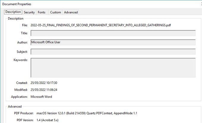 Boris Johnson said he received the #SueGrayReport at 10.00am on 25 May

This version👇- the one that was circulated - was created at 10.17am &amp; modified at 11.06am

This suggests #SueGray’s #Partygate report was amended after <a href="/BorisJohnson/">Boris Johnson</a> received it