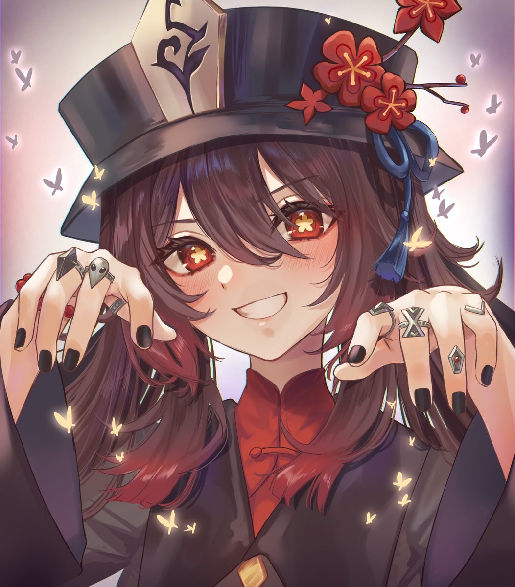 hu tao (genshin impact) 1girl hat jewelry solo smile red eyes ring  illustration images
