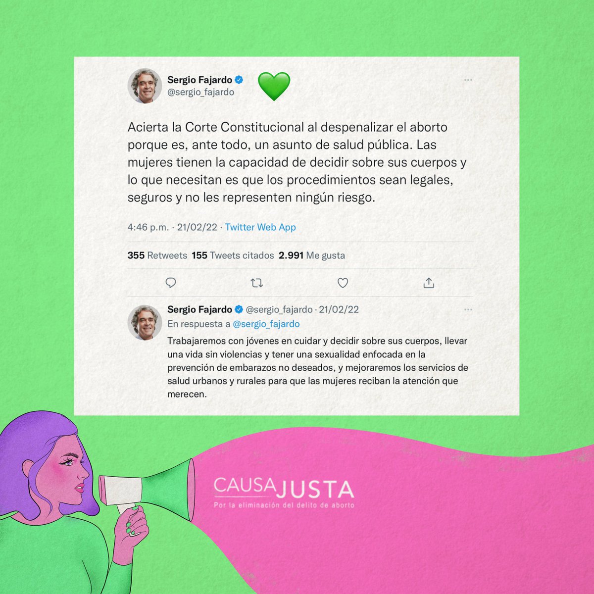 causajustaco's tweet photo. Gustavo Petro, Sergio Fajardo y sus fórmulas vicepresidenciales Francia Márquez y Luis Gilberto Murillo celebraron el #fallohistórico que eliminó el delito de aborto hasta la semana 24 de gestación 💚 https://t.co/4tmV9uKSO1