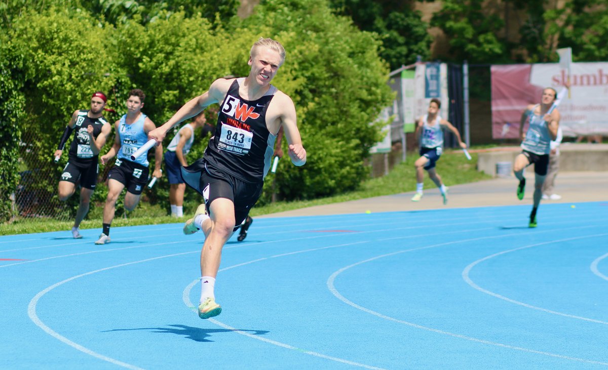 Winnebago (enrollment 451) dominated the Class 1A sprint relays running 42.92 and 1:28.48. They also placed 2nd in the 4x4 running 3:23. 97. 

Below: Michael Cunningham anchoring the 4x2.