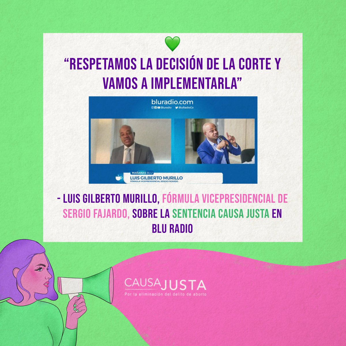 causajustaco's tweet photo. Gustavo Petro, Sergio Fajardo y sus fórmulas vicepresidenciales Francia Márquez y Luis Gilberto Murillo celebraron el #fallohistórico que eliminó el delito de aborto hasta la semana 24 de gestación 💚 https://t.co/4tmV9uKSO1