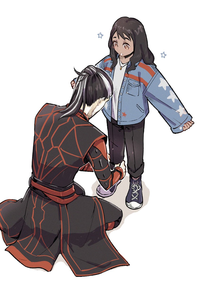 1girl black hair 1boy jacket pants black pants animification  illustration images