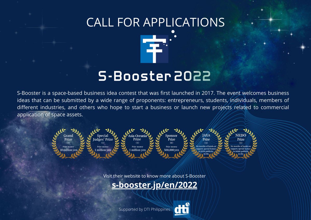 SpaceAppsPHIL's tweet photo. @sbooster_en is a space-based pitch competition for ventures, individuals, and businesses aiming to commercialize business ideas utilizing space assets. Apply before June 20. https://t.co/P1JmSQkLTg #iamDTIph #DTIPhilippines @DtiPhilippines @PhilSpaceAgency @AmbJPNinPH @cao_japan https://t.co/PvTOMflBJB