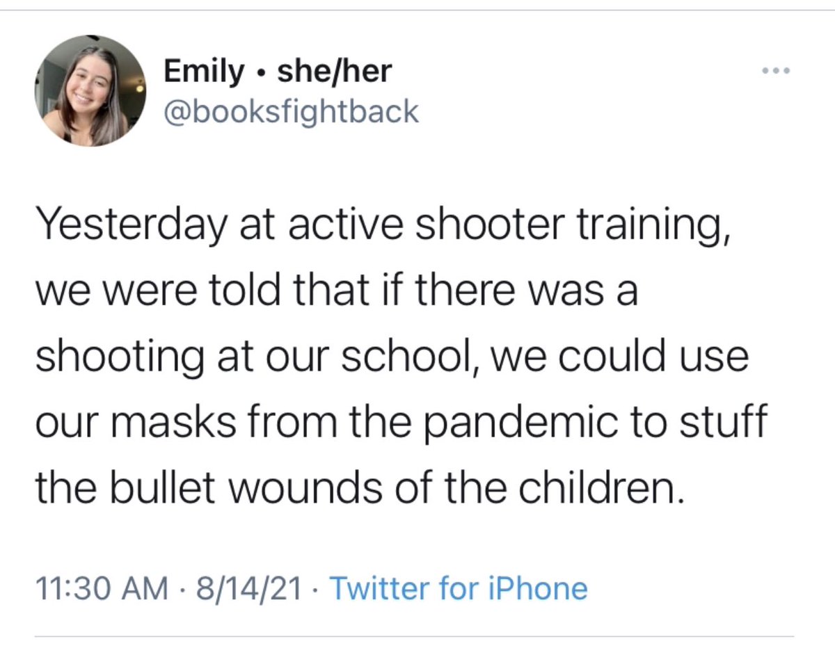 America: the only nation where teachers are told that an added bonus of wearing masks is that they can be used to plug bullet wounds.