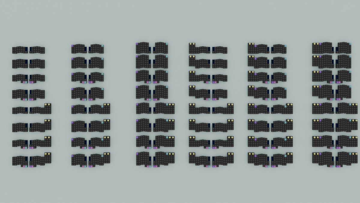 磁気ポゴピンを使用することによってレイアウト変更を可能とした30~100%キーボード、Echinacea110を構想しました。
使用可能な合計レイアウト数は48です。(画像参照)
特徴
・可変レイアウト
・All 1U
・OLED、ロリコン付き
・カラムスタッガード
・スタビ絶対使いたくない
・かっこいい(当社比)