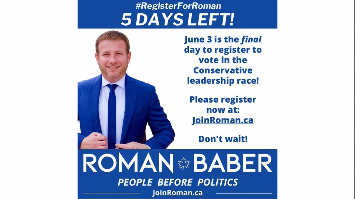 Roman_Baber's tweet image. I'll make all federal passports &amp;amp; mandates illegal. I'll also freeze funding to any province that has or allows passports/mandates in its jurisdiction.

5 days left to register to vote in the Conservative leadership race. Pls register now JoinRoman.ca #cpcldr #cdnpoli