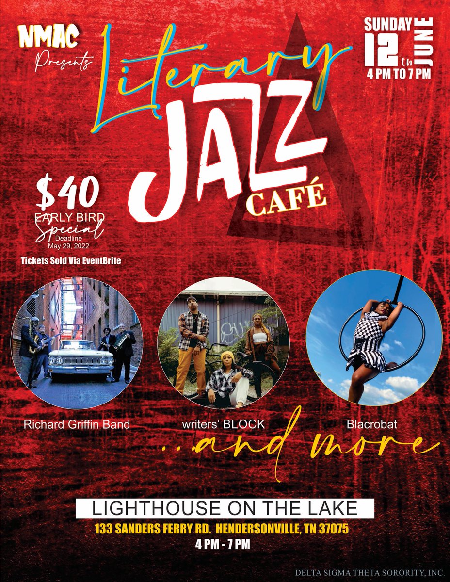 Literary Jazz Cafe is 2 weeks away! Today, May 29th, is the last day to obtain tickets at the Early Bird Rate of $40>> eventbrite.com/e/335984417437

After May 29th, the ticket price will increase to $45 so don't delay. Join us for a beautiful afternoon of Jazz, Art, Live Performances.