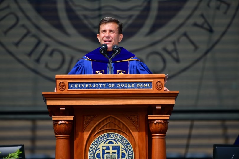 NotreDame's tweet photo. "You will have to fight in your lives time &amp; time again for what is needed and for what is right.

And no place in this world could have prepared you better for the fights ahead than this University.

You see, that is the essence of who we are at Notre Dame." - John Crowley https://t.co/IDeSC4mYWr