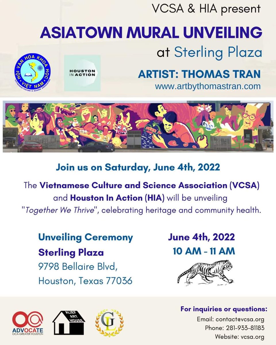 FREE event!☺ Join my org, VCSA, and I  Saturday, June 4 from 10am- 11am w/ a lion dance, refreshments &amp; special guests to unveil the 1st ever Asiatown mural in Htown! See you there and spread the news. 😎🎉 <a href="/CyFairISD/">Cypress-Fairbanks ISD</a> <a href="/abc13houston/">ABC13 Houston</a> <a href="/SylvesterTurner/">Sylvester Turner</a> <a href="/OfficerVo/">Sergeant Vo - HPD</a> <a href="/asiasocietytx/">Asia Society Texas Center</a>