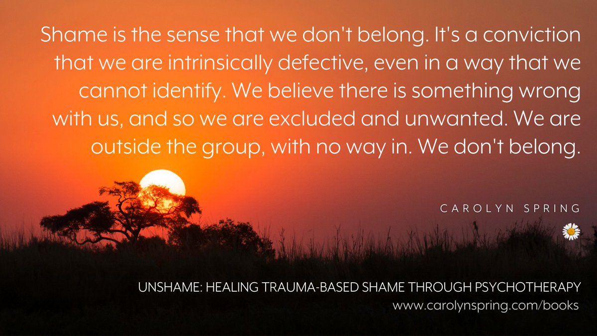 For most of my life I used to wonder 'Why don't I belong?' I assumed there was something fundamentally wrong with me as a person – rather than something fundamentally wrong with the #trauma I'd experienced. Read more in 'Unshame': carolynspring.com/books
#therapistsconnect #shame
