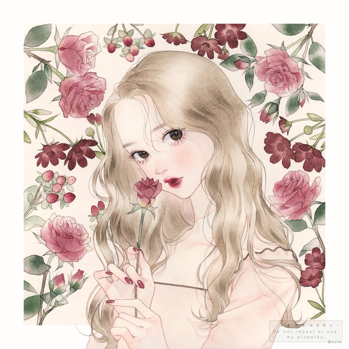 1girl flower solo holding flower rose long hair holding  illustration images