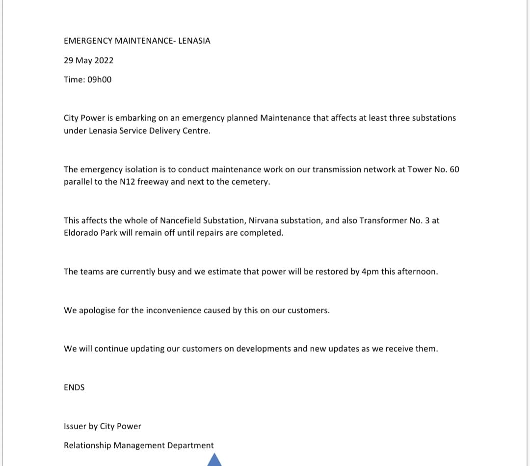 CityPowerJhb's tweet photo. #JoburgUpdates #JoburgServices #Lenasia #EmergencyOutage
Emergency planned maintenance in progress until 16:00.^GR https://t.co/HiJPtNWkCJ