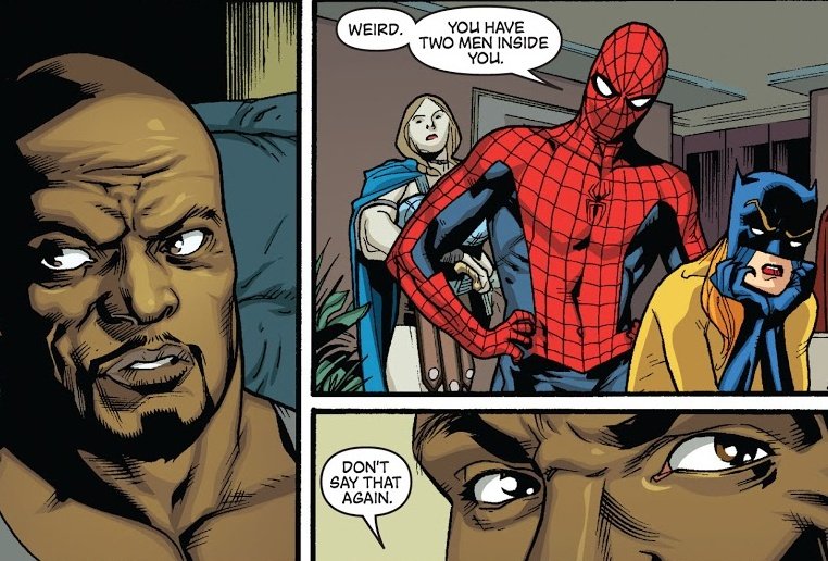 ComicGirlAshley's tweet photo. Luke Cage: *Has two superheroes shrink down to disarm a bomb attached to his heart*

Spider-Man: https://t.co/dJ7kB0whMp