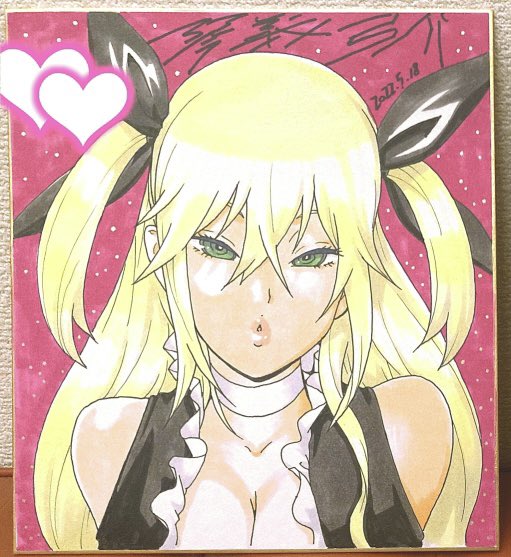 今月描かせて頂いた色紙。
顔アップというご指定は初だったので構図に悩んだけど結局オーソドックスなものににしました。
開脚のほうはまあ描き慣れてるポーズなのでサクサクでした(笑) 