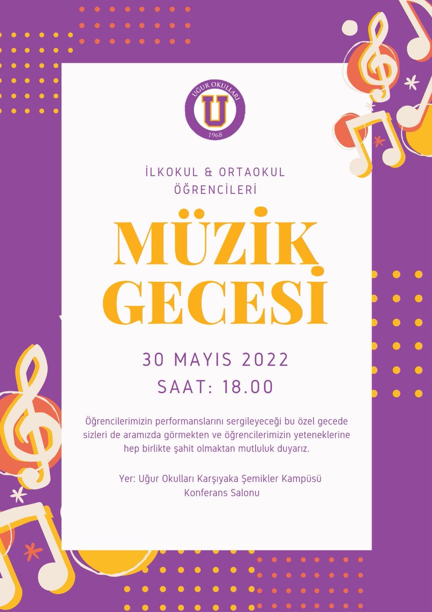 ⁦<a href="/karsiyaka_uo/">Uğur Okulları Karşıyaka Kampüsü</a>⁩ müzik gecemize davetlisiniz 💜🎶🎵🎸🎻🎙 ⁦<a href="/uludereozge/">Özge Uludere</a>⁩ ⁦<a href="/ceydaozel_/">Ceyda ÖZEL</a>⁩ ⁦<a href="/coskunfrt13/">Coşkun Fırat</a>⁩ ⁦<a href="/mrvktyzcn/">Merve Özcan</a>⁩ ⁦<a href="/GulbinBeyaz/">Gülbin Beyaz Kaldan</a>⁩ ⁦<a href="/cananipek20/">cananipek</a>⁩ ⁦<a href="/bernozbilen/">bernaozbilen</a>⁩ ⁦<a href="/EErikan/">Erhan Erikan</a>⁩ #uğurdamüzikvar #uğurdasanatvar