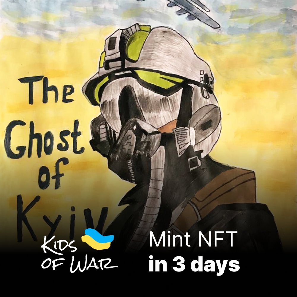 #58 of 200 The Ghost of Kyiv Artist: Volodymyr Sex: Boy Age: 12 Location: Kyiv Material: Watercolor Mint - June, 1 (5:00 PM EST) kidsofwar.art #NFTs #StandWithUkraine #NoWarInUkraine #NoWar