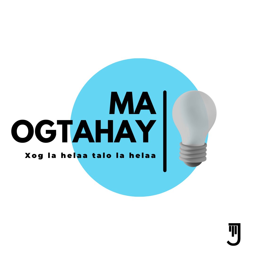 Ma Ogtahay: Xog la helaa talo la helaa.

Ku biir xirteena Jaantus si aad uga faa'iidaysato tababaro xirfadeed dhanka xogta. #Somalia

Guji halkan si aad xirteena uga mid noqoto: jaant.us/join