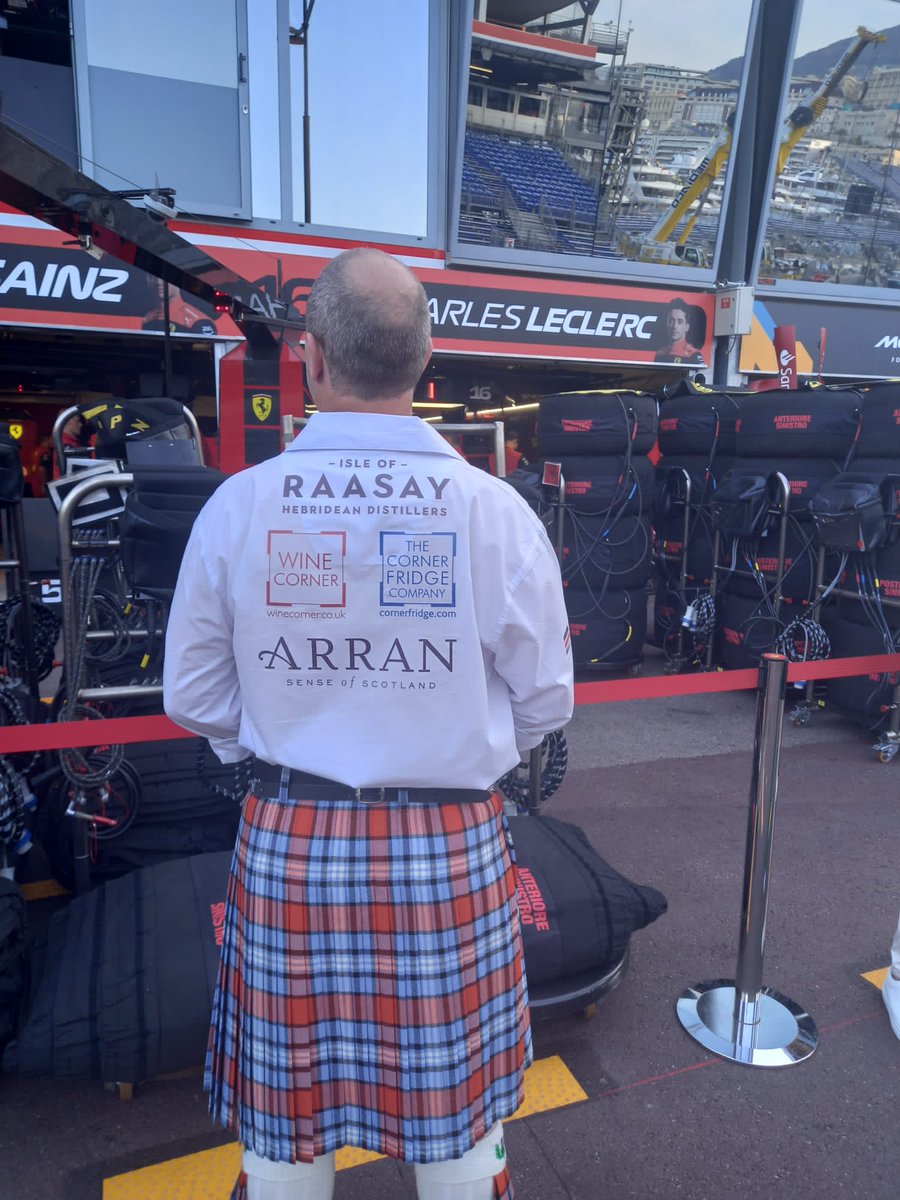 As we prepare for the #MonacoGP and <a href="/Charles_Leclerc/">Charles Leclerc</a> being on pole wishing him all the bslest for the race.  <a href="/KiltAds/">Kilt Ads</a> team earlier in the weekend passing his garage with our partners <a href="/RaasayWhisky/">Isle of Raasay Distillery</a> <a href="/WineCorner1/">Wine Corner</a> <a href="/cornerfridge1/">Corner Fridge</a> and <a href="/ArranAndrew/">Andrew Russell</a>