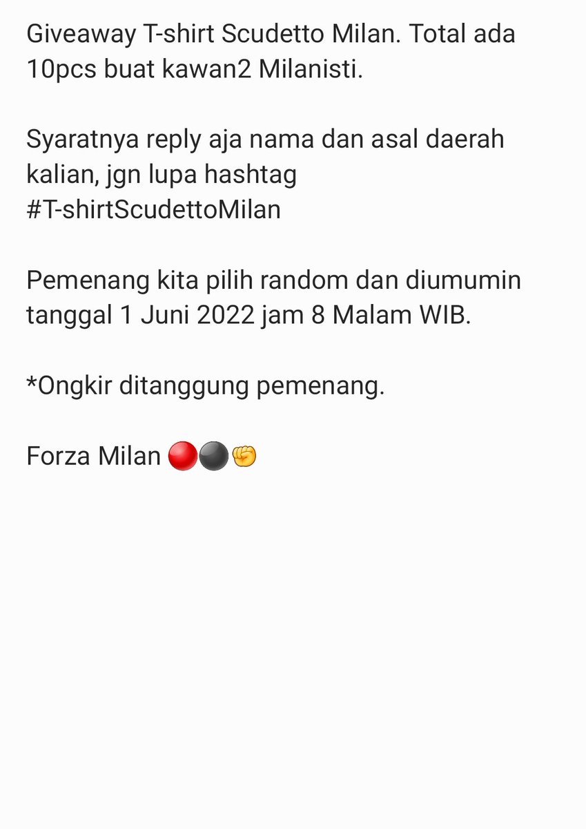 IsFhm8's tweet photo. Syukuran Milan Scudetto!

Jadi gua &amp; mas @maheQyu9 mau bagi2 10pcs T-shirt buat kawan2 Milanisti.

Untuk info detailnya cek Pict di bawah yaa.

Izin tag dan retweet ya om. 🙏
@rossonerifreak 
@olanfatah177 
@jvdas_iskariot 

Semoga Rejeki yaa! 

Forza Milan 🔴⚫️✊️ https://t.co/YS5ZGEpQkc