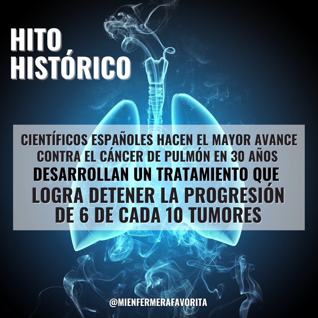 mienfermerafavo's tweet photo. ⚠HITO HISTÓRICO⚠
Un estudio pionero realizado en España, en el Hospital Puerta de Hierro de Madrid, ha logrado el mayor avance contra el cáncer de pulmón en las últimas 3 décadas: https://t.co/zwFWLzJPoo