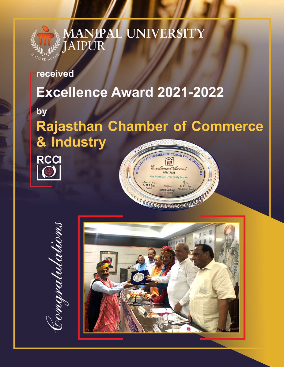 GKPrabhu_MIT's tweet photo. We are pleased to share that Manipal University Jaipur (MUJ) has received “Excellence Award 2021-2022” by Rajasthan Chamber of Commerce and Industry (RCCI).
 
We take this opportunity to extend our Congratulations to MUJ Family 
 
#ManipalJaipur https://t.co/XrTDlof8Yo