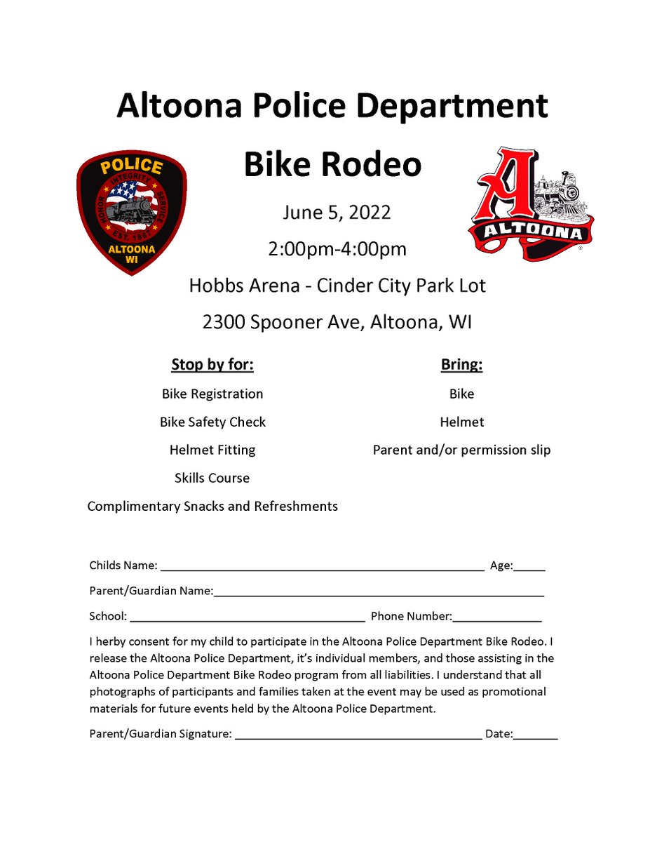 AltoonaWI's tweet photo. Sunday | June 5 | 2 - 4 PM
Parking Lot / Hobbs Arena - Cinder City Park
The Altoona Police Department is having a Bike Rodeo for kids up to age 12!
-Get a bike safety check
-Helmet fitting
-Ride through skills courses
The Bike Rodeo is FREE! 
-Parent or a complete permission slip https://t.co/CgTb3MmFfs