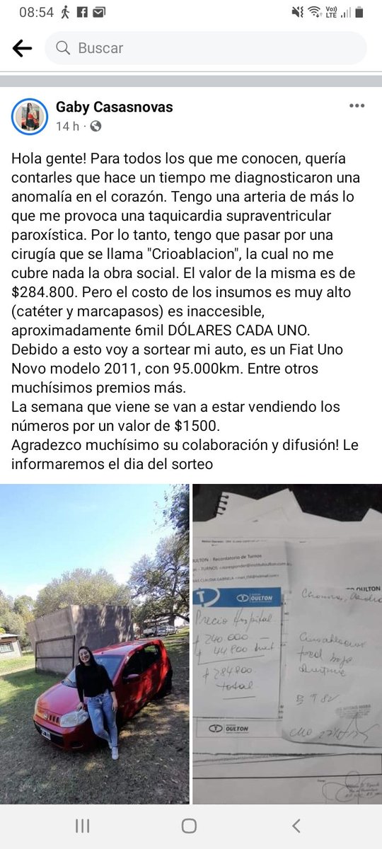 BUENOS DIAS GENTE ELLA SE LLAMA GABY CASASNOVA ES UNA AMIGA Q VIVE EN VILLA CURA BROCHERO Y LE DISGNOSTICARON UNA ANOMALIA EN EL CORAZON Y LA OBRA SOCIAL NO LE CUBRE NADA DE LA OPERACIÓN Y ELLA QUIERE RIFAR SU AUTO LA PODEMOS AYUDAR PARA Q ELLA  NO RIFE SU AUTO