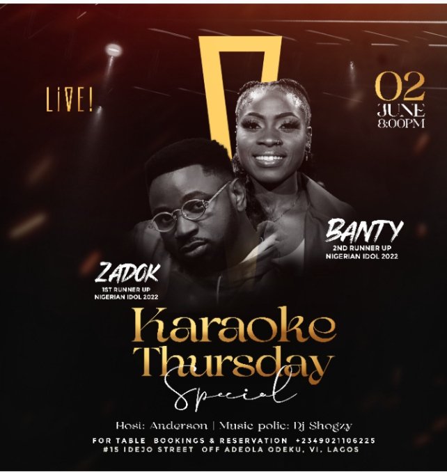 thatgirlbanty's tweet photo. Did you say Karaoke?😉
Hello Bantallions!
Come hang out with me and @iamzadysoul on the 2nd at Victoria island Lagos
Can't wait to sing your favorite songs with you
For table reservations please refer to the flyers for details
#TeamBanty
#NigerianIdol https://t.co/rg2Ihu0HrW