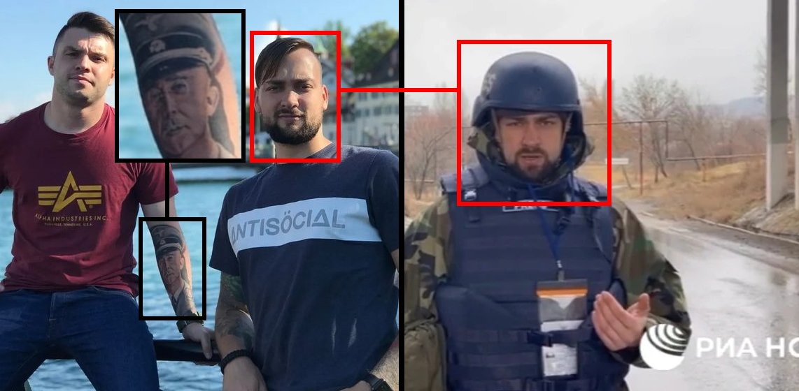 Nezhaleznist's tweet photo. A Journalist of the Russian government-owned media RIA and his friend that has a Heinrich Himmler tattoo. 

and Russia has come to "denazify" #Ukraine https://t.co/Odm3rjYsd0