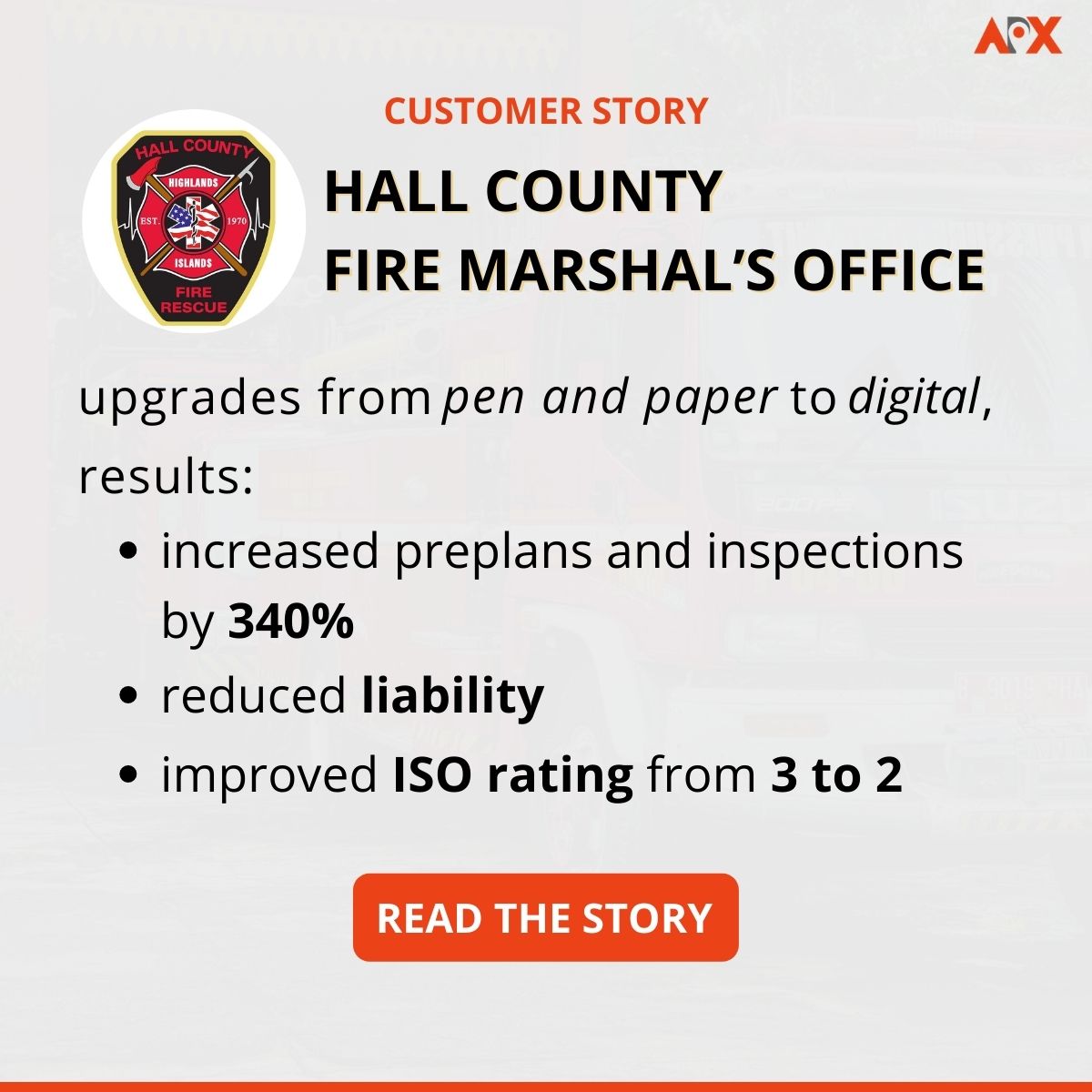 Fire Department, <a href="/hallcofire/">Hall County Fire Rescue</a> in Georgia, was able to improve their ISO rating once they implemented <a href="/apxdata/">APX Data</a> as their pre-plan and inspection software. Read the story: hubs.li/Q01bv0750
#ISOrating #firesafety #firedata #datacollection #fireprevention